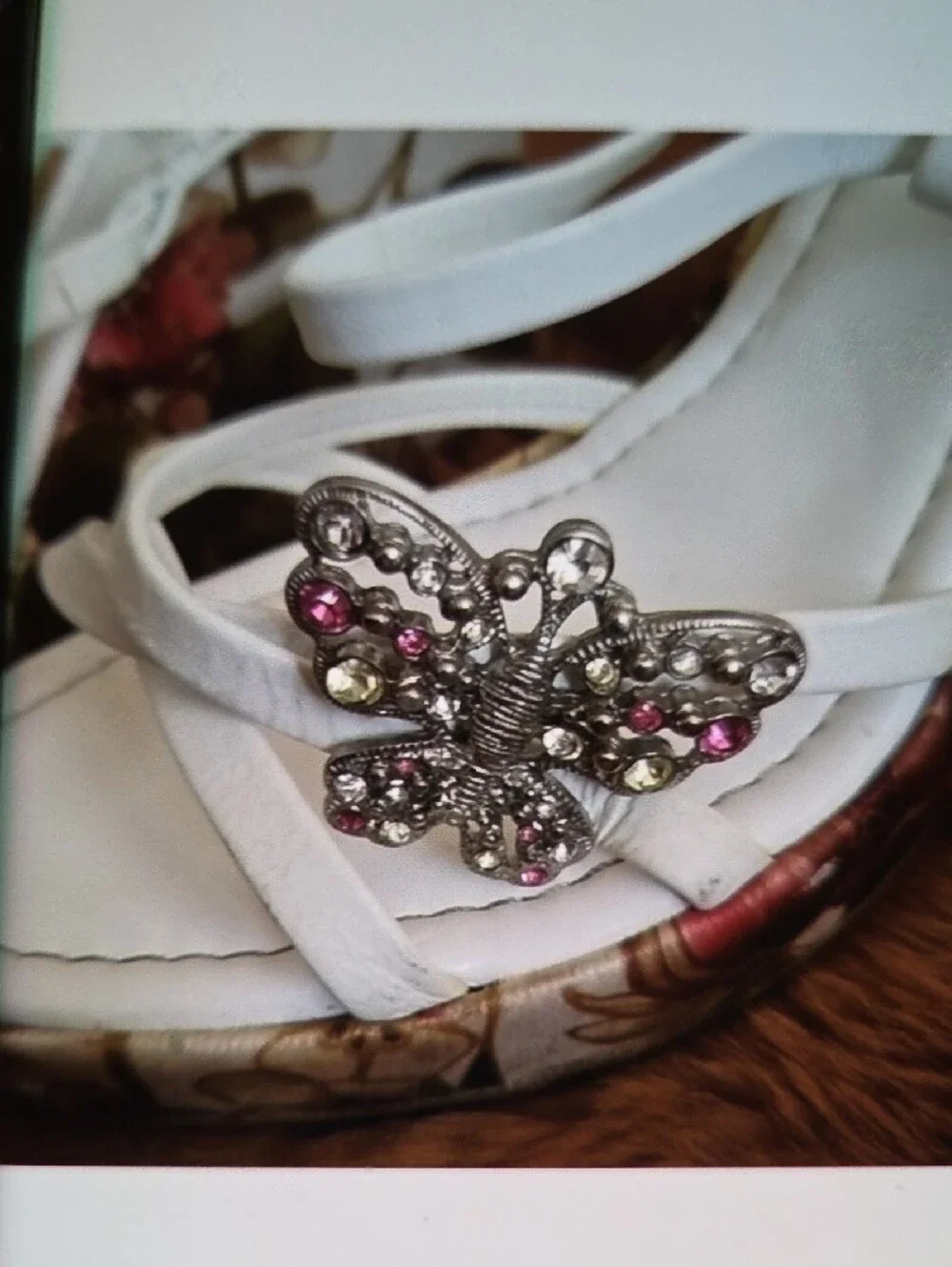White Floral Wedge Sandals with Crystal Accent